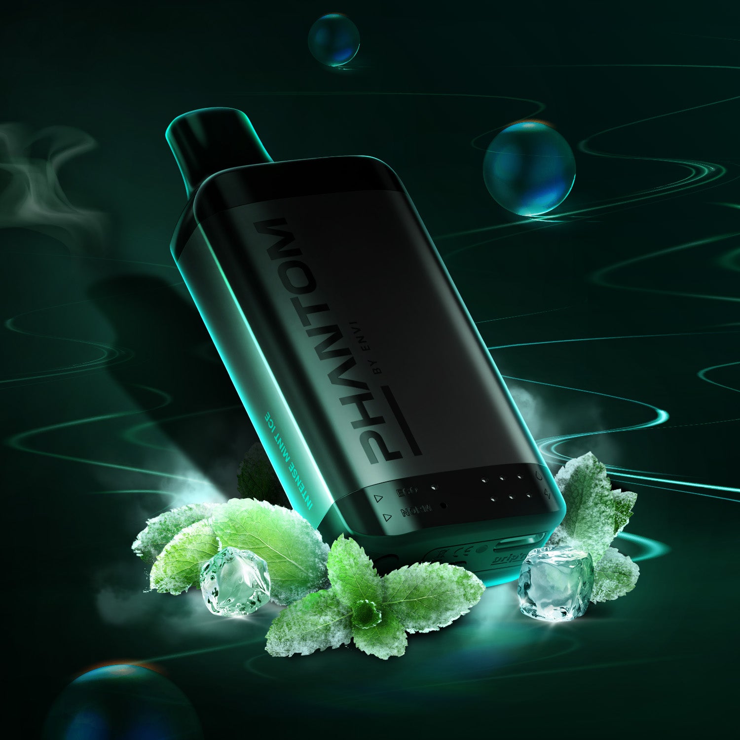 Vape device with 'PHANTOM' branding on a dark background with mint leaves and ice cubes.