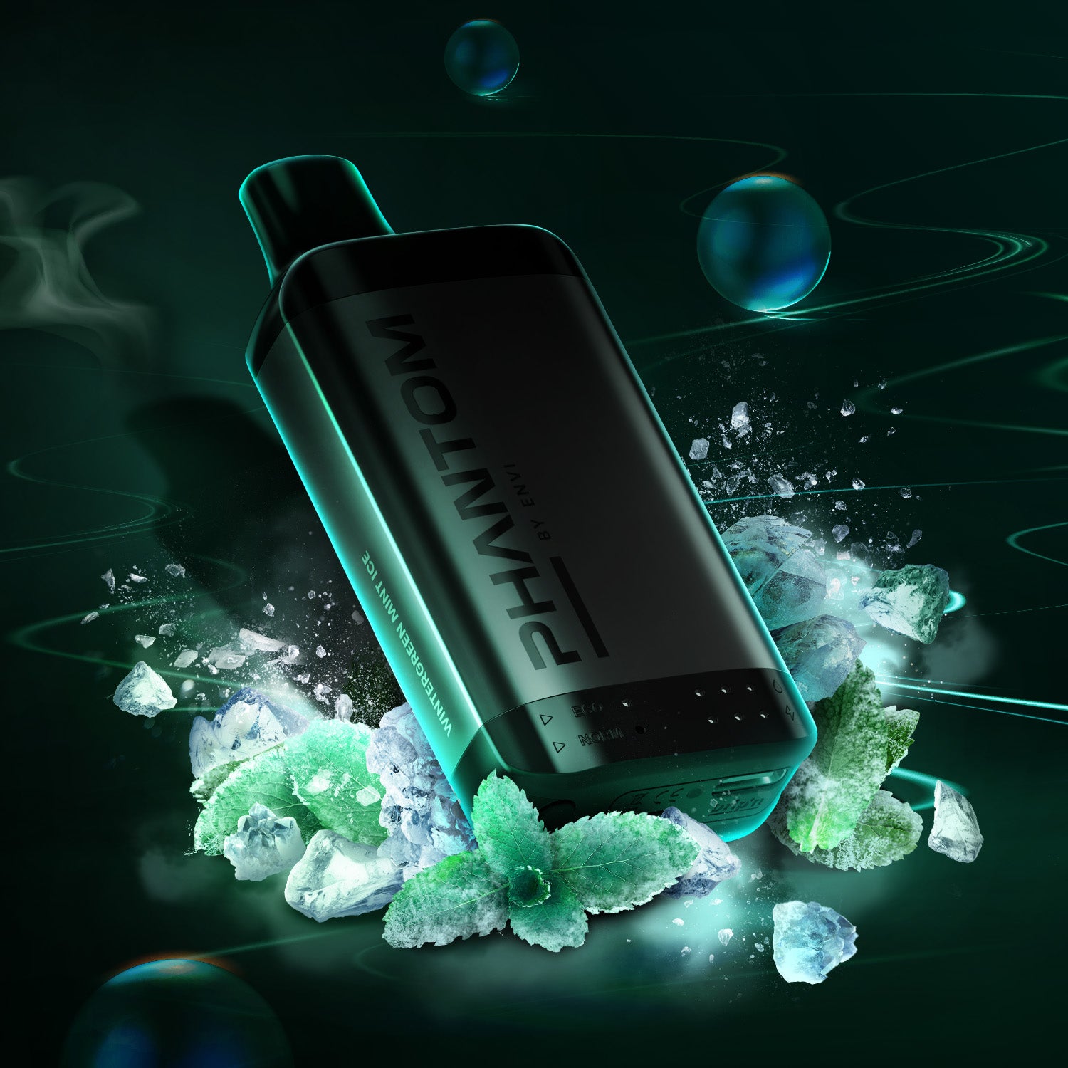 Vape device with 'PHANTOM' branding surrounded by ice and mint leaves on a dark background