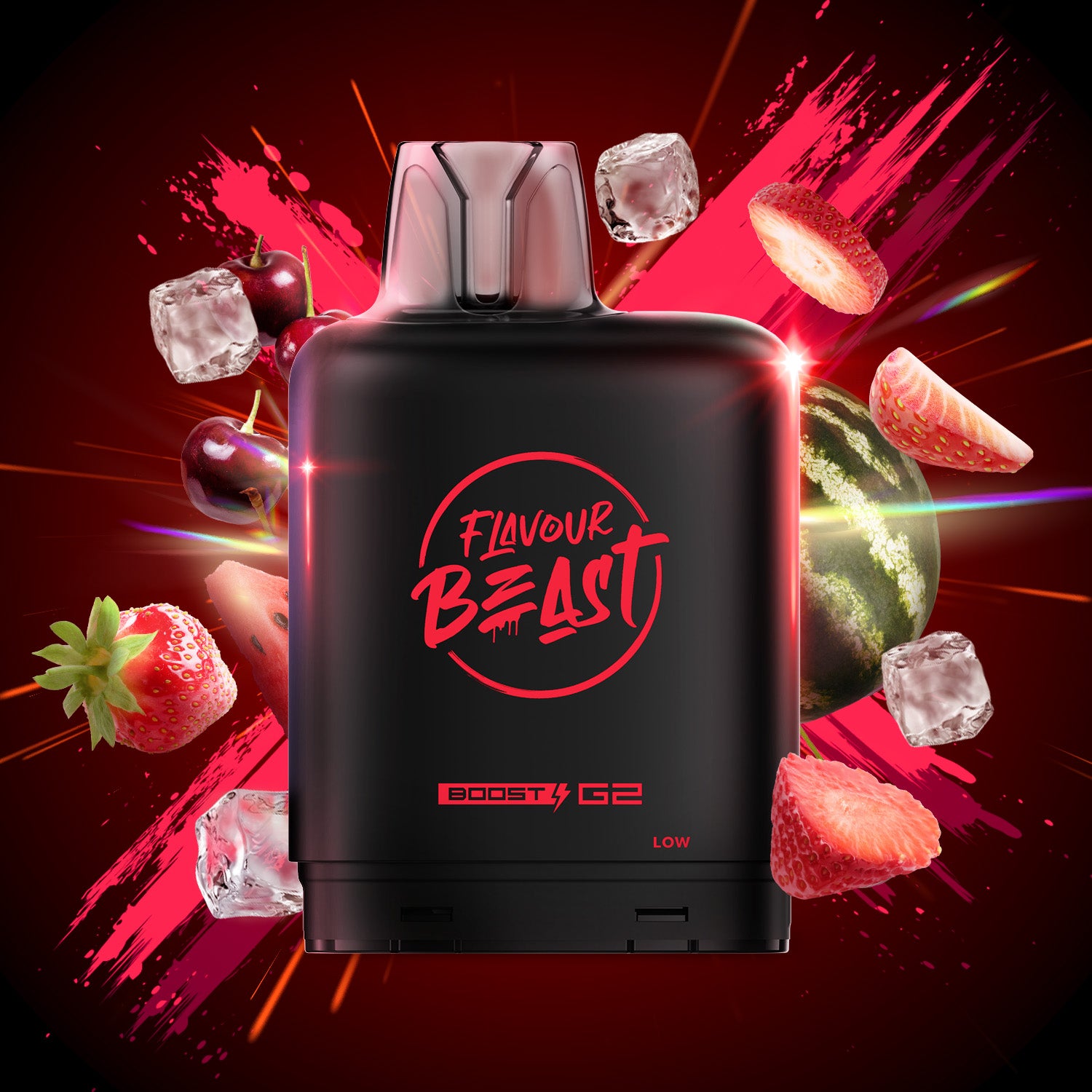Flavour Beast Level X Boost 25K, Weekend Watermelon Iced flavor, smooth refreshing vape, 25,000 puffs per pod, ideal for Ontario and Quebec customers.
