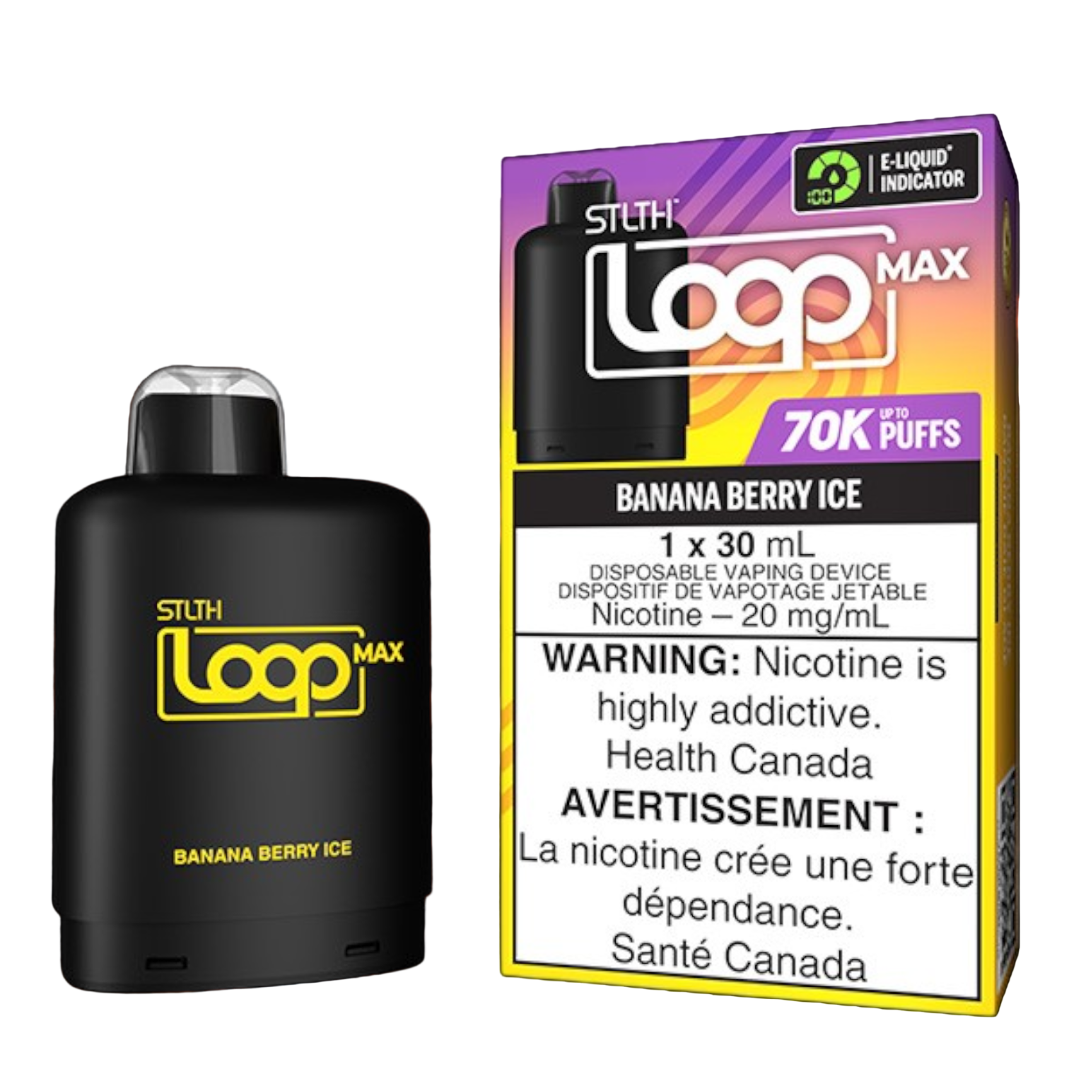 STLTH Loop MAX, Banana Berry Ice flavour, smooth vaping experience with dual modes and adjustable airflow, designed for Ontario and Quebec customers.