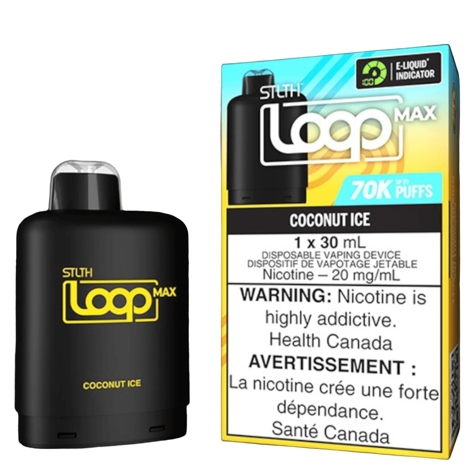 STLTH Loop MAX, Coconut Ice flavour, smooth vaping experience with customizable airflow and dual output modes, designed for Ontario and Quebec vapers.