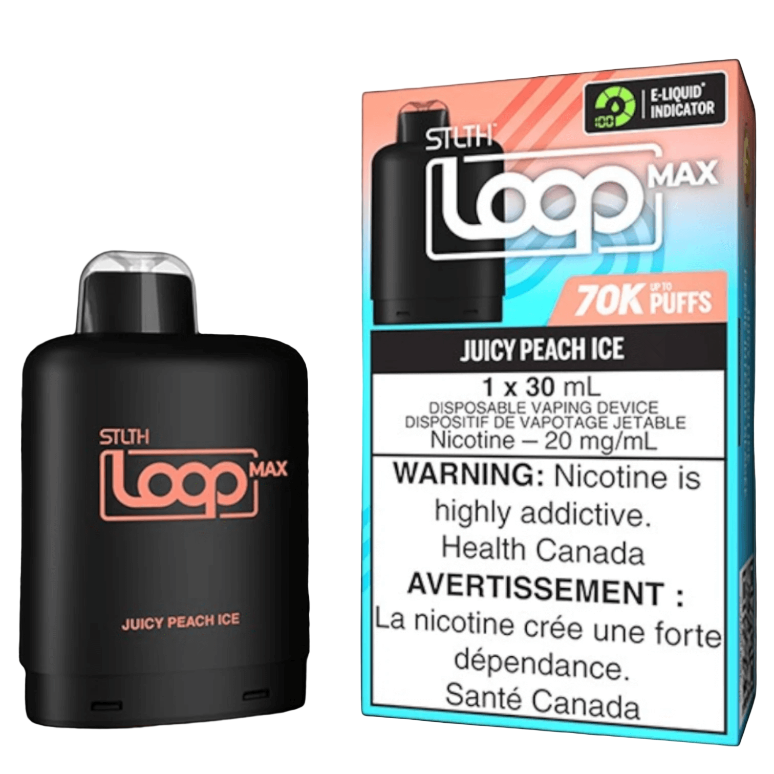 STLTH Loop MAX, Juicy Peach flavour, rechargeable high-capacity vape system with smooth nicotine hit, designed for Ontario and Quebec vapers.