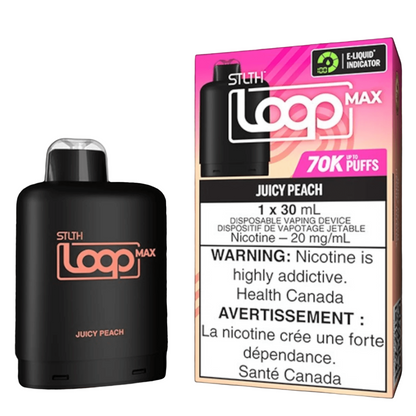 STLTH Loop MAX, Juicy Peach Ice flavour, dual output mode and adjustable airflow for personalized vaping experience, designed for Ontario and Quebec vapers.