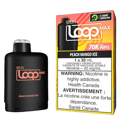 STLTH Loop MAX, Peach Mango Ice flavour, smooth vaping experience with dual nicotine options, designed for tailored satisfaction in Ontario and Quebec.