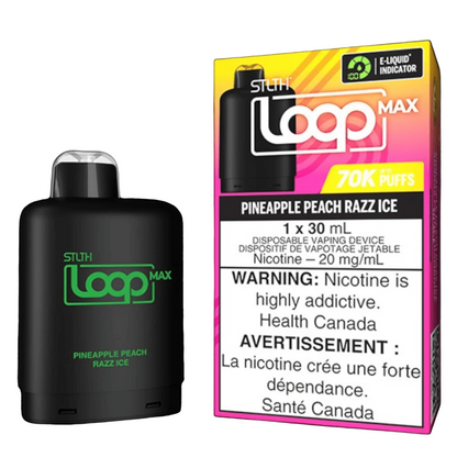STLTH Loop MAX, Pineapple Peach Razz Ice flavour, customizable nicotine levels, smooth or boosted vape modes, premium vaping device for Ontario and Quebec.