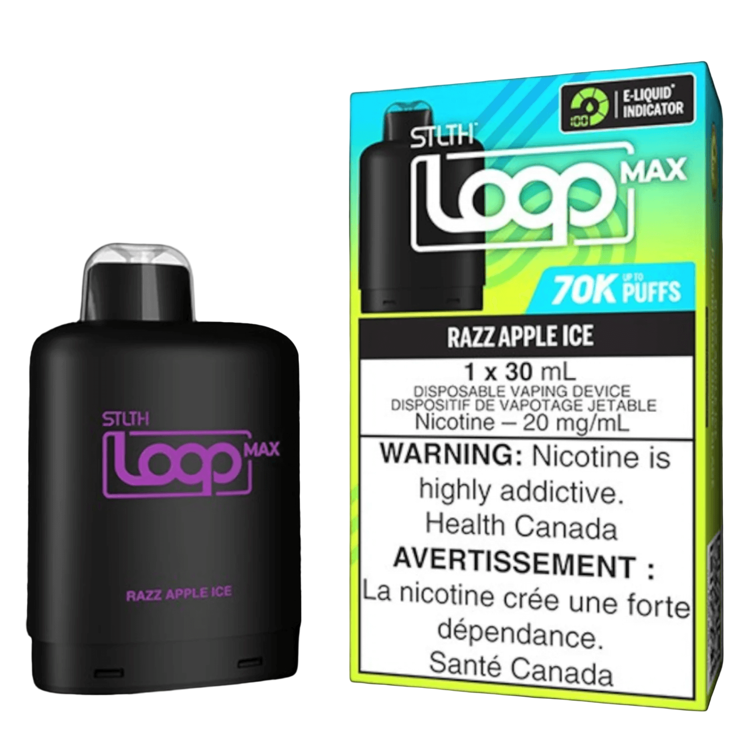 STLTH Loop MAX, Razz Apple Ice flavour, customizable nicotine levels, sleek vaping device for a tailored experience, designed for Ontario and Quebec vapers.