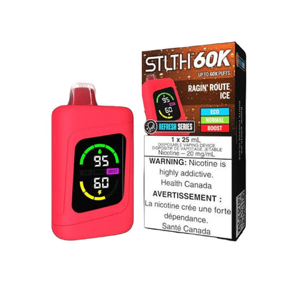 STLTH 60K, Ragin' Route Ice flavour, refreshing taste with reliable performance, fast USB Type-C charging, ideal for vapers in Ontario and Quebec.