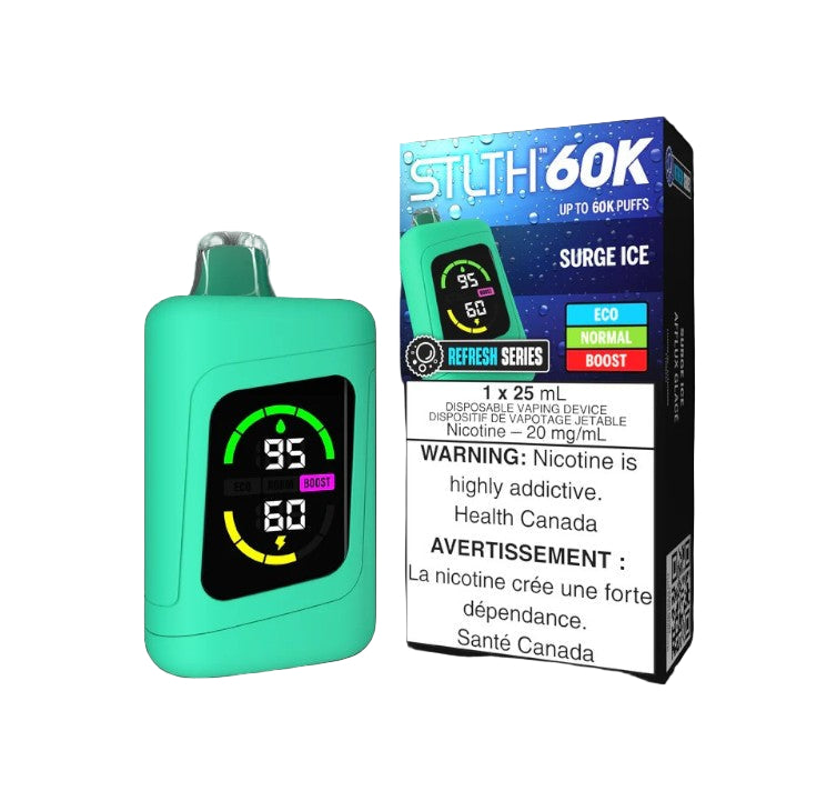 STLTH 60K Surge Ice flavour disposable vape with upgraded screen and fast USB Type-C charging, ideal for Ontario and Quebec vapers.