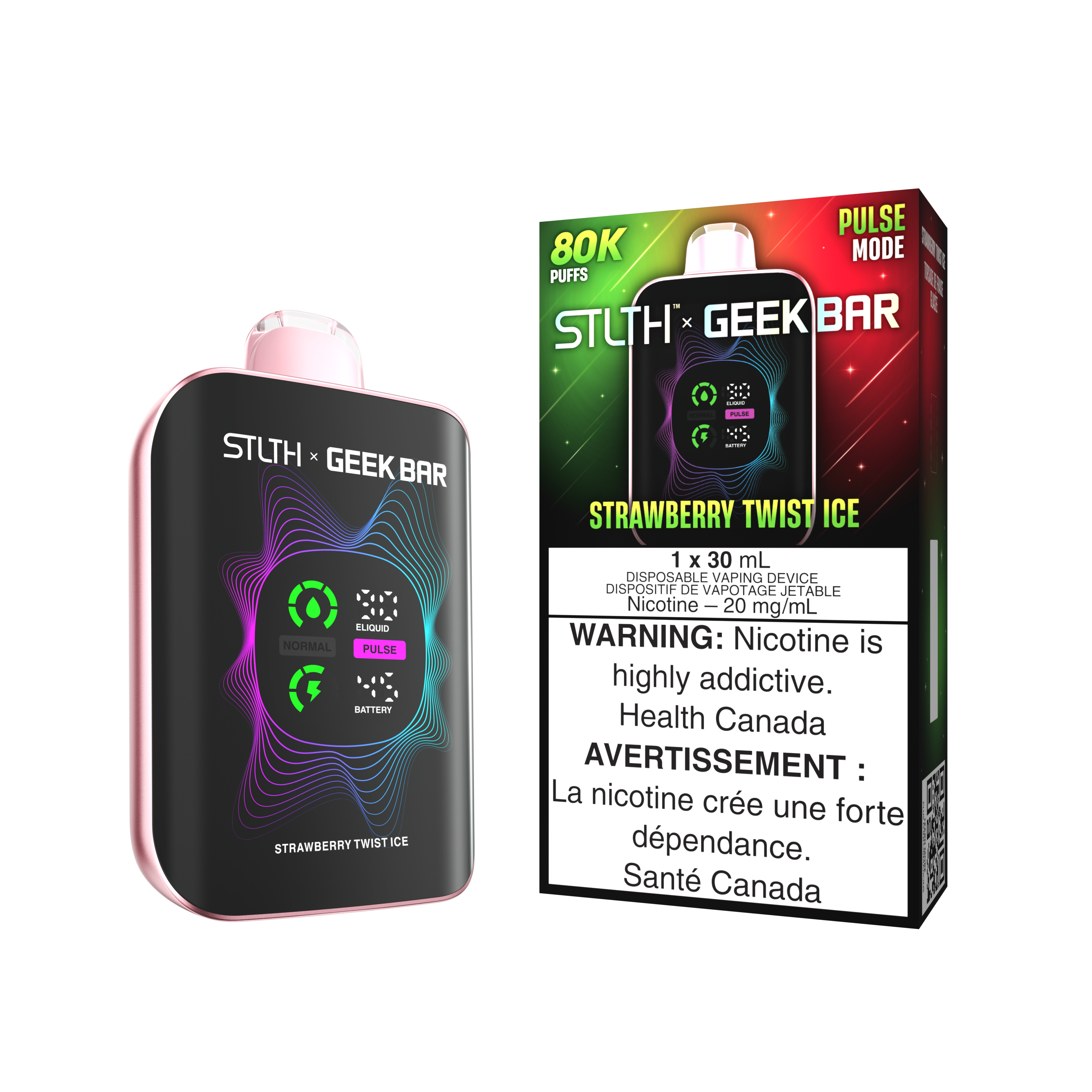 STLTH x Geek Bar 80K disposable vape — Strawberry Twist Ice flavour | Supa Vapes Canada