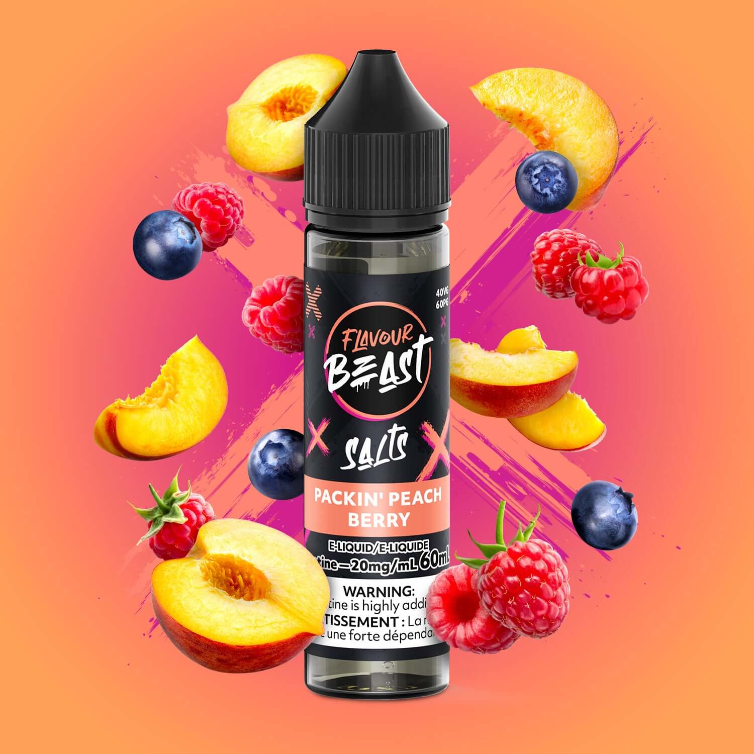 Flavour Beast E-Liquid - Salt Nic 60mL, Packin' Peach Berry flavour, smooth nicotine salt for satisfying vaping experience, designed for customers in Ontario and Quebec.