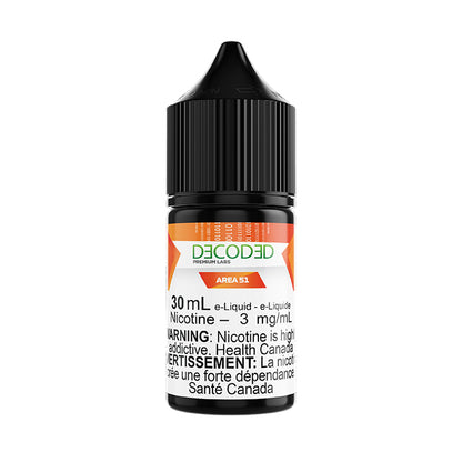 DECODED Salt Nic 30mL, Area 51 flavour, 1.2% nicotine strength, smooth salt nicotine vape juice, ideal for pod systems and vapers in Ontario and Quebec.