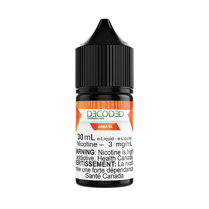 DECODED Salt Nic 30mL, Area 51 flavour, 1.2% nicotine strength, smooth salt nicotine vape juice, ideal for pod systems and vapers in Ontario and Quebec.