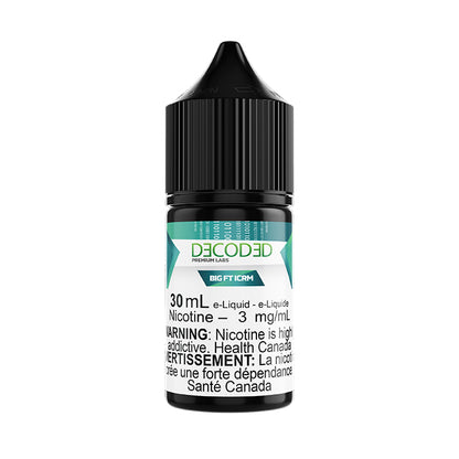 DECODED Salt Nic 30mL, Big FT flavour with 1.2% nicotine salt formula, smooth inhale, ideal for pod system users in Ontario and Quebec.