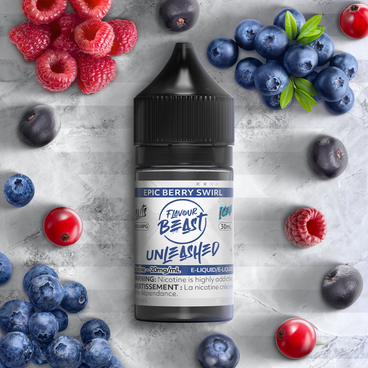 Flavour Beast Unleashed E-Liquid, Epic Berry Swirl Ice flavour with smooth salt nicotine, refreshing bold vape, popular among Ontario and Quebec customers.