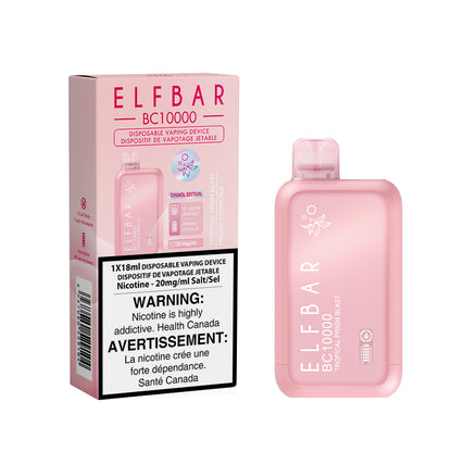 Pink ELF BAR disposable vaping device with packaging on a white background. Elf Bar BC10K Tropical-Prism-Blast