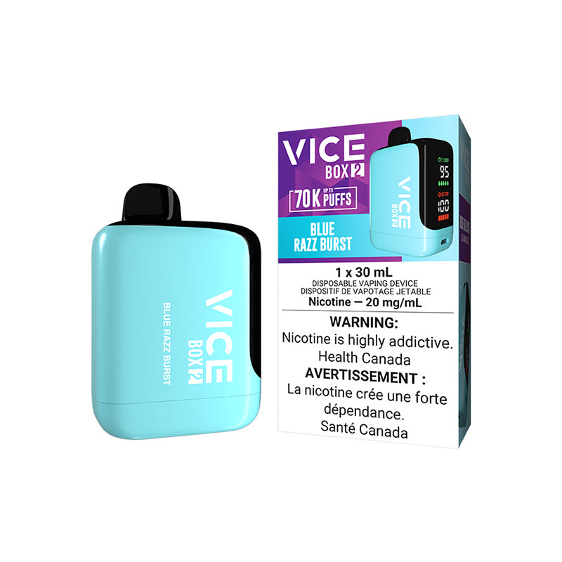 VICE Box 2, BLUE RAZZ BURST flavour, smooth nicotine hit, bold taste vape device offering enhanced vaping experience, ideal for Ontario and Quebec users.