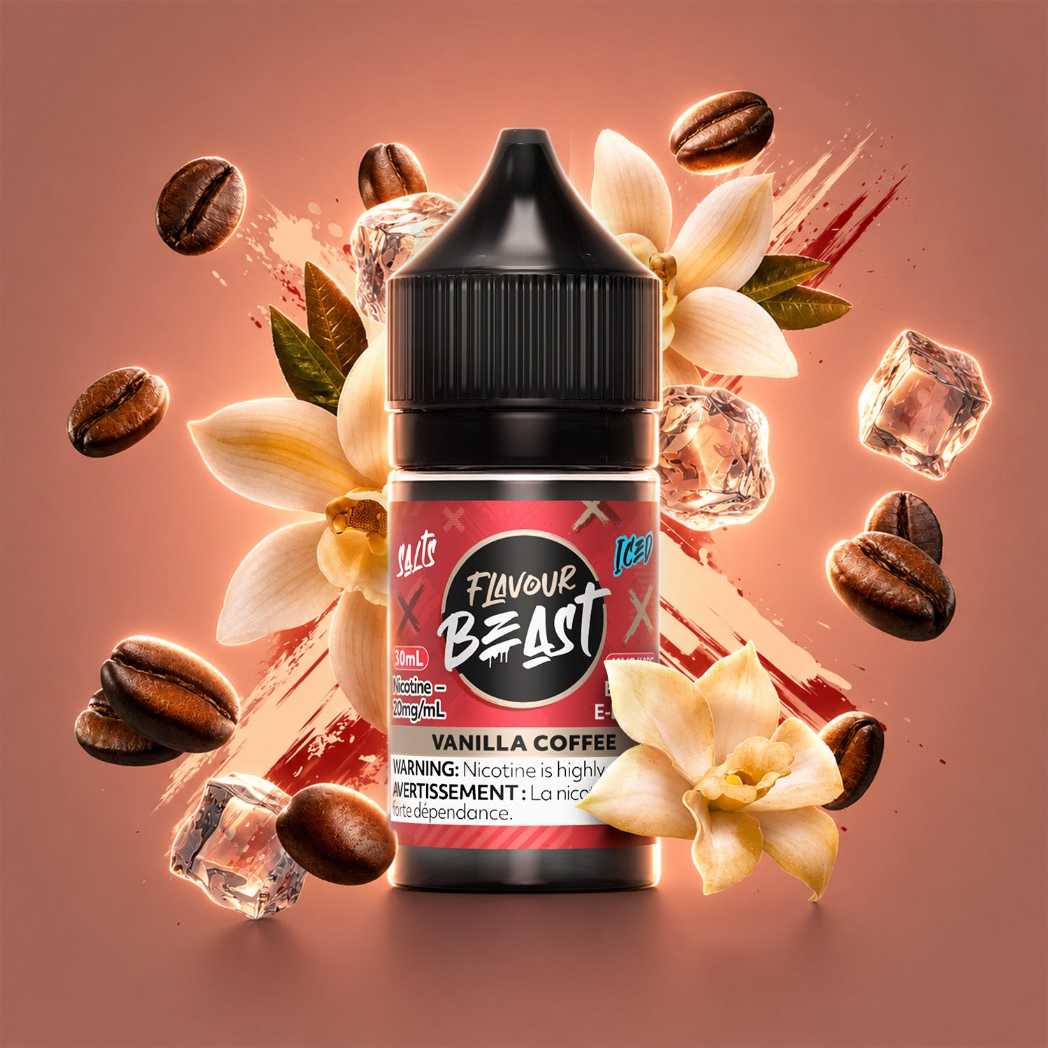 Flavour Beast Vanilla Coffee Iced 30mL salt nicotine e-liquid, 20mg/mL, smooth vanilla coffee with cool menthol finish, for refillable pod systems, available at Supa Vapes Canada.