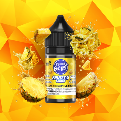Flavour Beast Yellow Pineapple Fruity G Series 30mL salt nicotine e-liquid, 20mg/mL, vibrant pineapple with tropical fruit-forward finish, for refillable pod systems, available at Supa Vapes Canada.