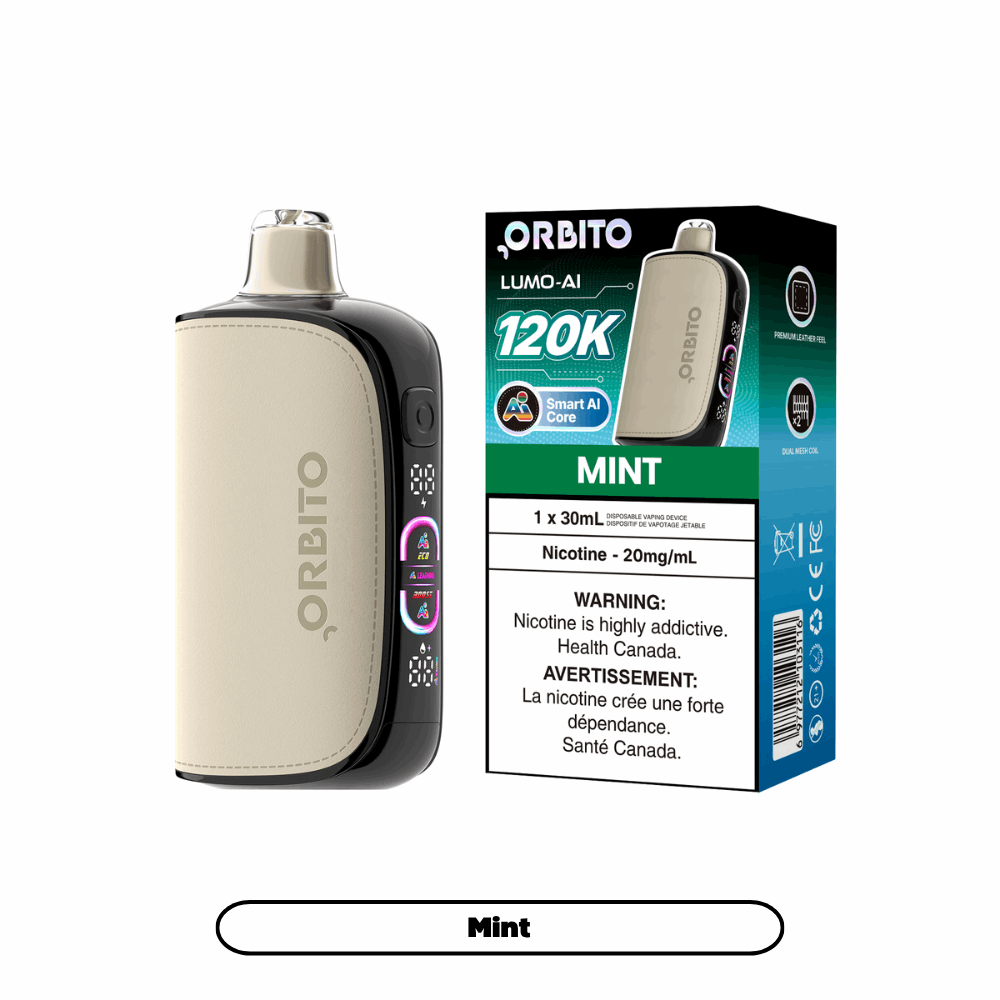 Orbito Lumo-AI 120K disposable vape in Mint flavour with Smart AI Core, 120,000 puffs, 20mg salt nicotine, available at SupaVapes Canada.