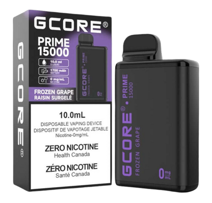GCORE PRIME 15000 Disposable, Frozen Grape flavour, zero nicotine, nicotine-free vape with up to 15,000 puffs and long battery life, ideal for Ontario and Quebec vapers.