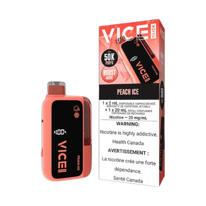 VICE CLICK Disposable Peach Ice flavour, 50,000 puffs capacity, nicotine-free disposable vape, refreshing and convenient for Ontario and Quebec vapers.