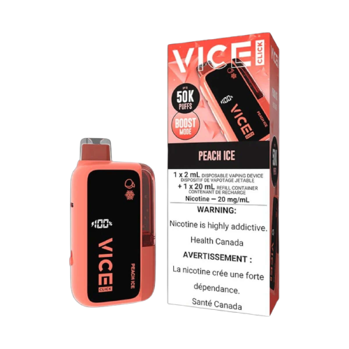 VICE CLICK Disposable Peach Ice flavour, 50,000 puffs capacity, nicotine-free disposable vape, refreshing and convenient for Ontario and Quebec vapers.