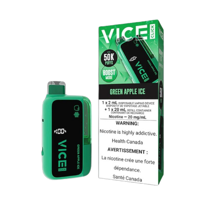 VICE CLICK Disposable, GREEN APPLE ICE flavour, refreshing disposable vape for Ontario and Quebec users.