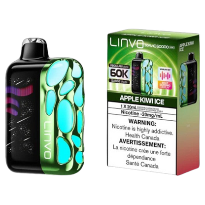 Linvo Rave 60000 PRO, Apple Kiwi Ice flavour vape with beat-sensing LED, 60,000 puffs, adjustable airflow, rechargeable battery, ideal for Ontario and Quebec vapers