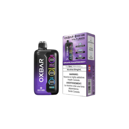 Rocky Vapor Oxbar Tri Fusion, Grape Raspberry flavour, unmatched control and massive cloud production, ideal for Ontario and Quebec vape enthusiasts.