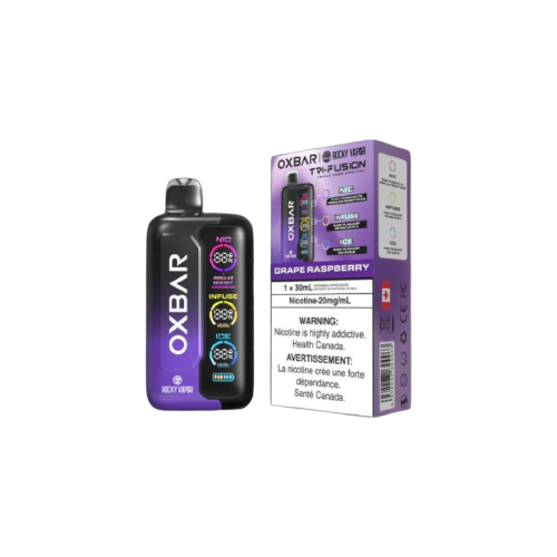 Rocky Vapor Oxbar Tri Fusion, Grape Raspberry flavour, unmatched control and massive cloud production, ideal for Ontario and Quebec vape enthusiasts.