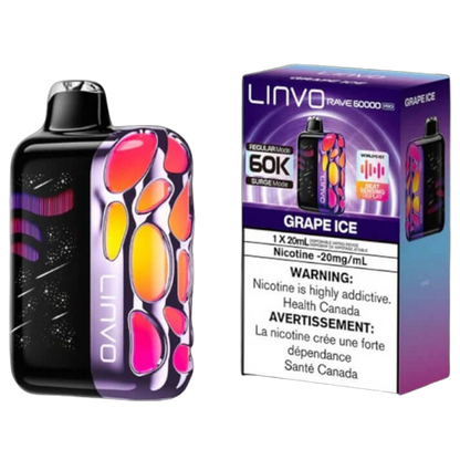 Linvo Rave 60000 PRO, Grape Ice flavour, 60,000 puffs, smart LED display, customizable airflow, rechargeable battery, premium disposable vape for Ontario and Quebec vapers.
