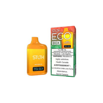 STLTH ECO BOX Disposable, Juicy Peach Ice flavor, rechargeable vaping device designed for easy use, ideal for vapers in Ontario and Quebec.
