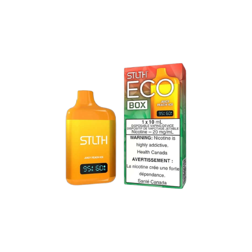 STLTH ECO BOX Disposable, Juicy Peach Ice flavor, rechargeable vaping device designed for easy use, ideal for vapers in Ontario and Quebec.