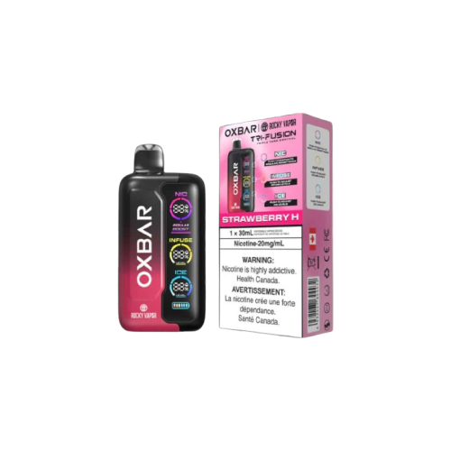 Rocky Vapor Oxbar Tri Fusion, Strawberry H flavour, compact and sleek design, precise control with huge vapor clouds, ideal for vape enthusiasts in Ontario and Quebec.