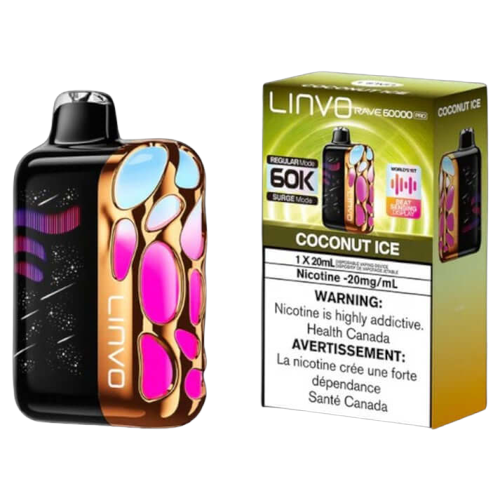Linvo Rave 60000 PRO, Coconut Ice flavour, smooth consistent hits with beat-sensing LED lights, 60,000 puff capacity, designed for Ontario and Quebec vapers.