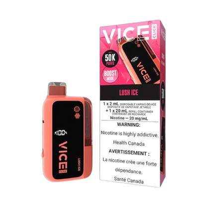 VICE CLICK Disposable, LUSH ICE flavour, long-lasting refillable vape device, smooth or boosted hits, designed for Ontario and Quebec users.