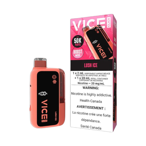 VICE CLICK Disposable, LUSH ICE flavour, long-lasting refillable vape device, smooth or boosted hits, designed for Ontario and Quebec users.