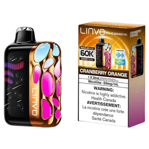 Linvo Rave 60000 PRO, Cranberry Orange flavour, 60,000 puffs disposable vape with smart LED display, adjustable airflow, and USB-C rechargeable battery, ideal for Ontario and Quebec vapers.
