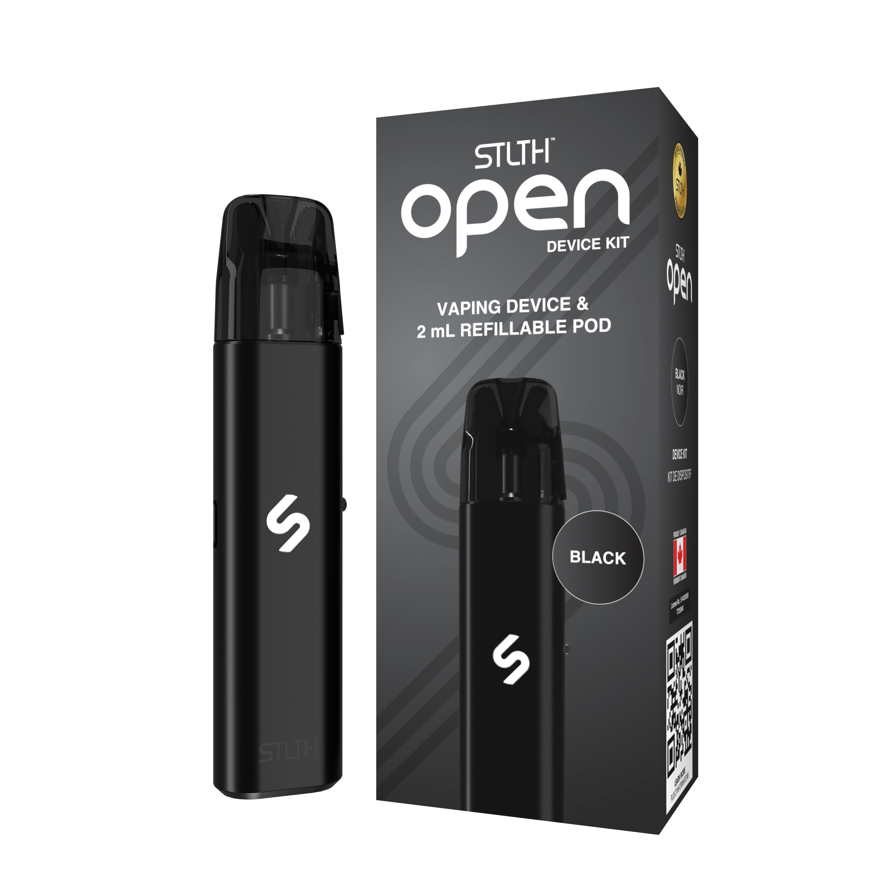 STLTH Open Device Kit in Black with 2mL refillable pod and USB-C cable