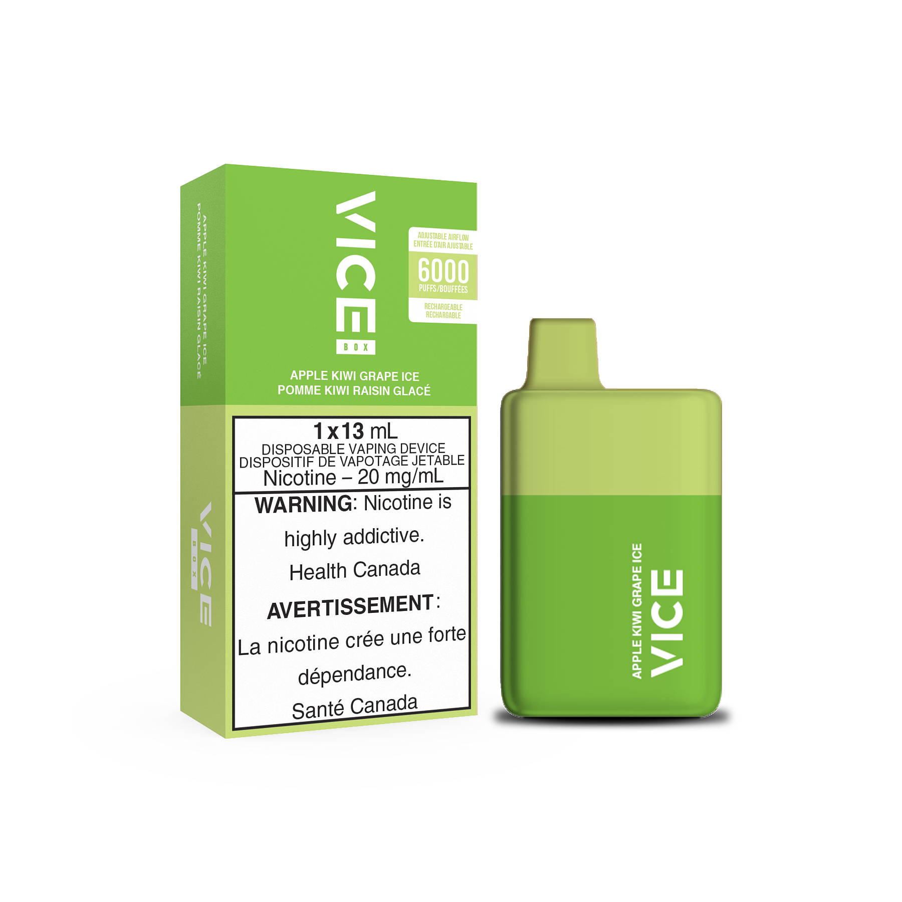 VICE Box 6000, Apple Kiwi Grape ice flavour, disposable vape device delivering a crisp and refreshing vape experience with a smooth hit, ideal for Ontario and Quebec vapers.