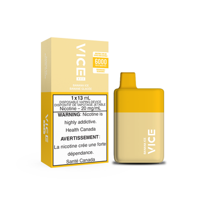 VICE Box 6000, Banana Ice flavour, smooth and refreshing cool banana vape, ideal for Ontario and Quebec customers seeking sweet and icy vaping experience.