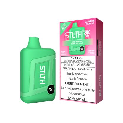 STLTH 8K PRO, Apple Berry Ice flavour, 20mg nicotine disposable vape with LED juice and battery indicator, long-lasting, ideal for Ontario and Quebec customers.