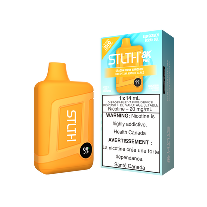 STLTH 8K PRO Blue Razz flavor vape device with 20mg nicotine strength, featuring LED juice and battery indicator for extended vaping sessions, designed for Ontario and Quebec vapers.