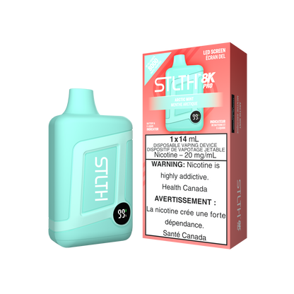STLTH 8K PRO, Banana Ice flavour, 20mg nicotine strength, featuring LED juice and battery indicator, enhanced vaping experience for Ontario and Quebec users.
