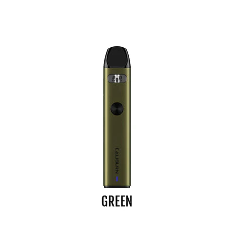UWELL Caliburn A2 Kit, Green flavor pod kit with 0.9-ohm coil, 520mAh battery, anti-leak technology, designed for Ontario and Quebec vapers.